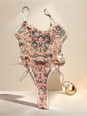 Floral Embroidered Sheer Lace Teddy in Blush Pink